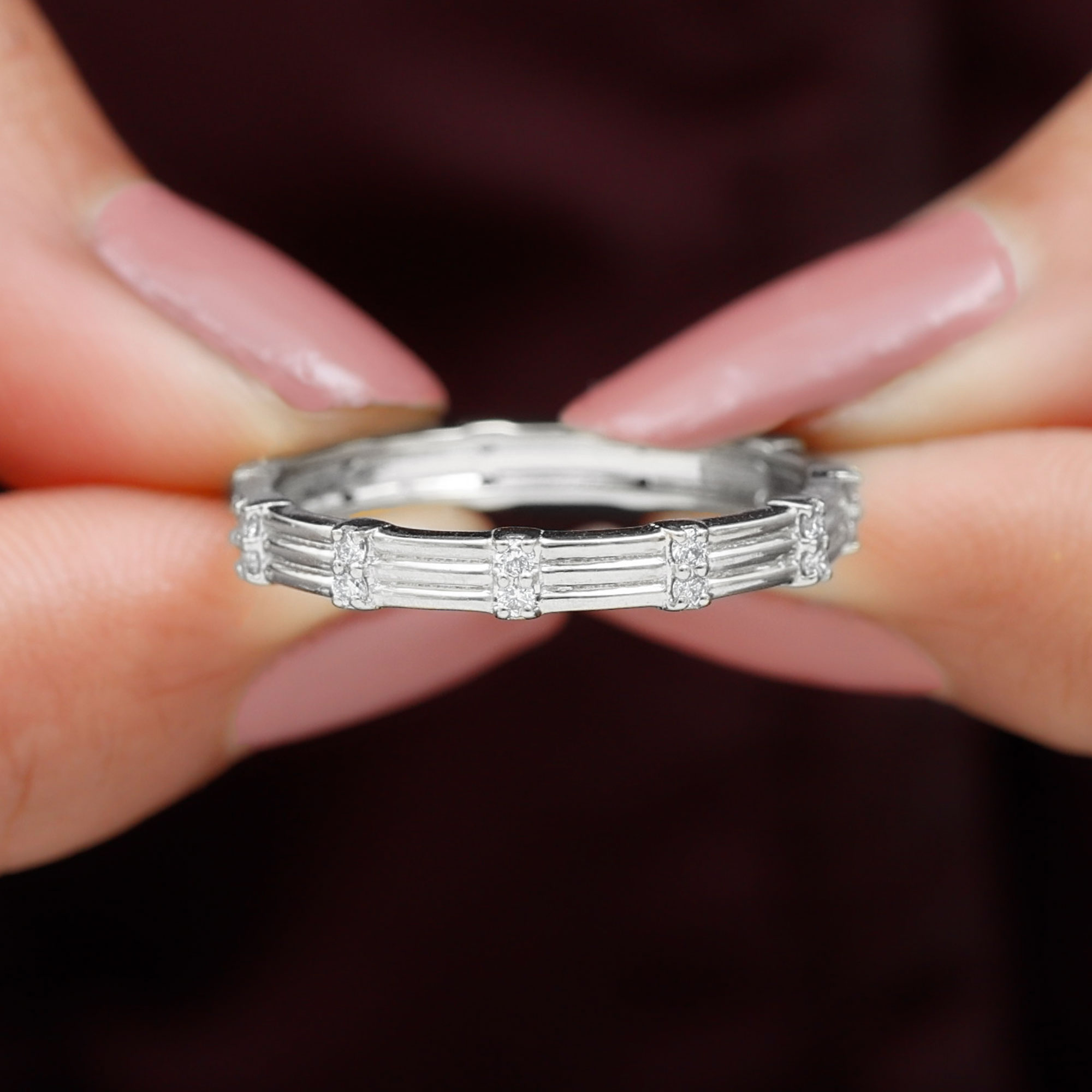 Simple Diamond Stackable Gold Band Ring in Pave Setting, 925 Sterling Silver, US 4.00