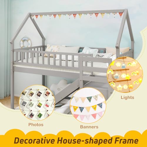 Giantex House Bunk Bed Twin Over Twin with Slide & Stairs, Wood Bunk Bed with Storage Shelves, No Box Spring Needed