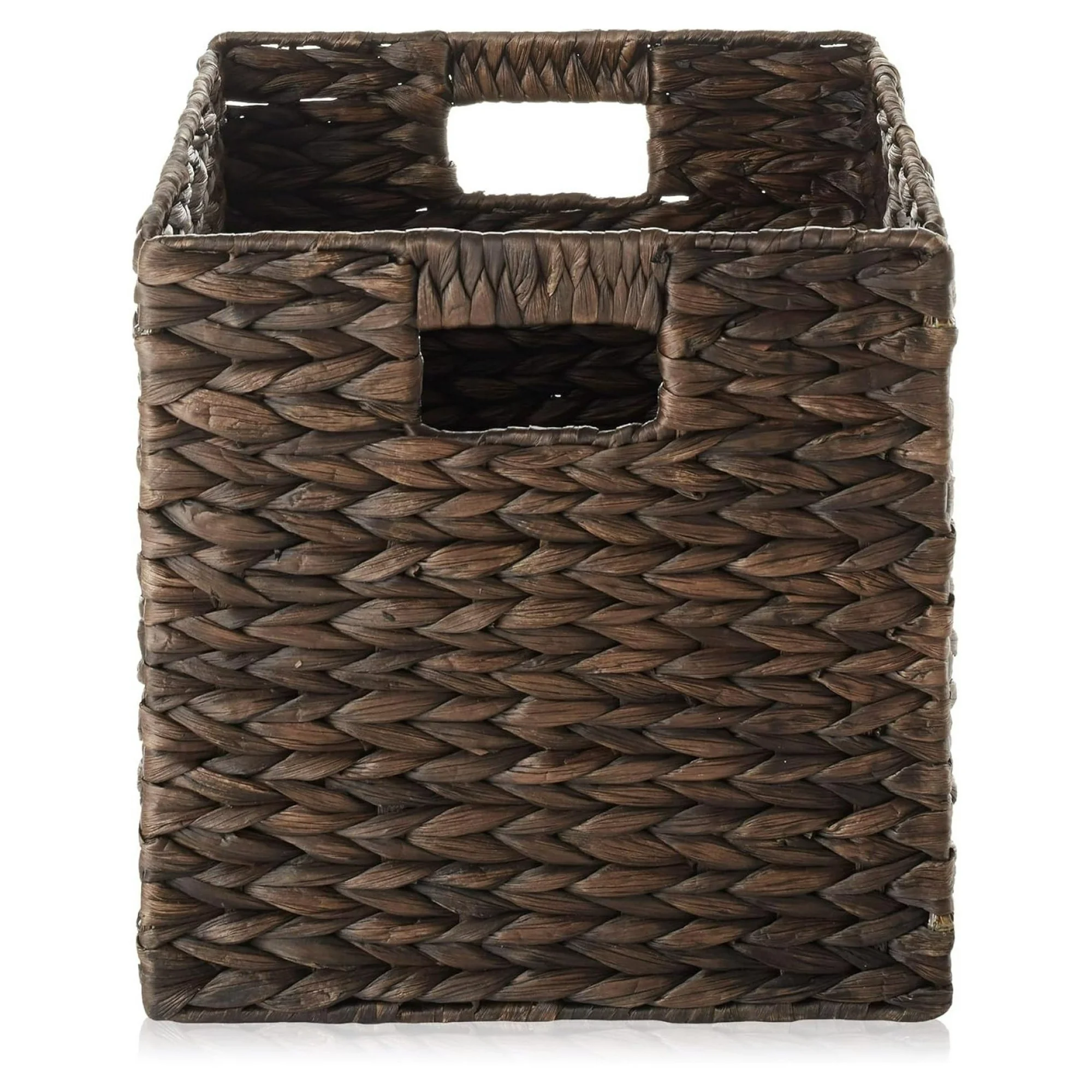 10.5x 10.5Water Hyacinth Storage Baskets, Espresso - Set of 4 Collapsible Cube Organizers, Woven Bins for Bathroom, Bedroom, Laundry, Pantry