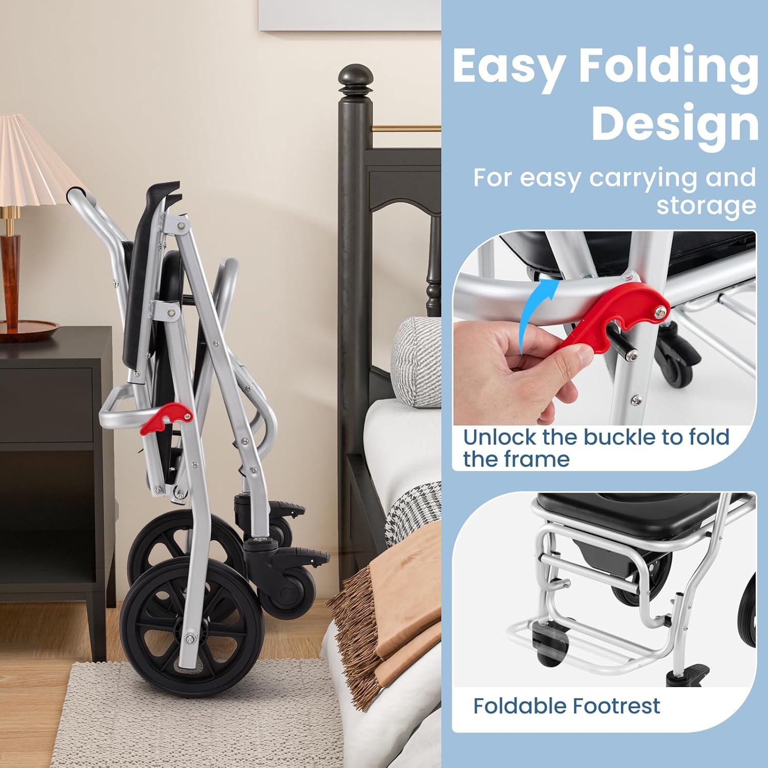 Giantex Bedside Commode Wheelchair for Toilet - Foldable Shower Chair with Arms, Lockable Casters, Detachable Bucket, Transport Wheelchair