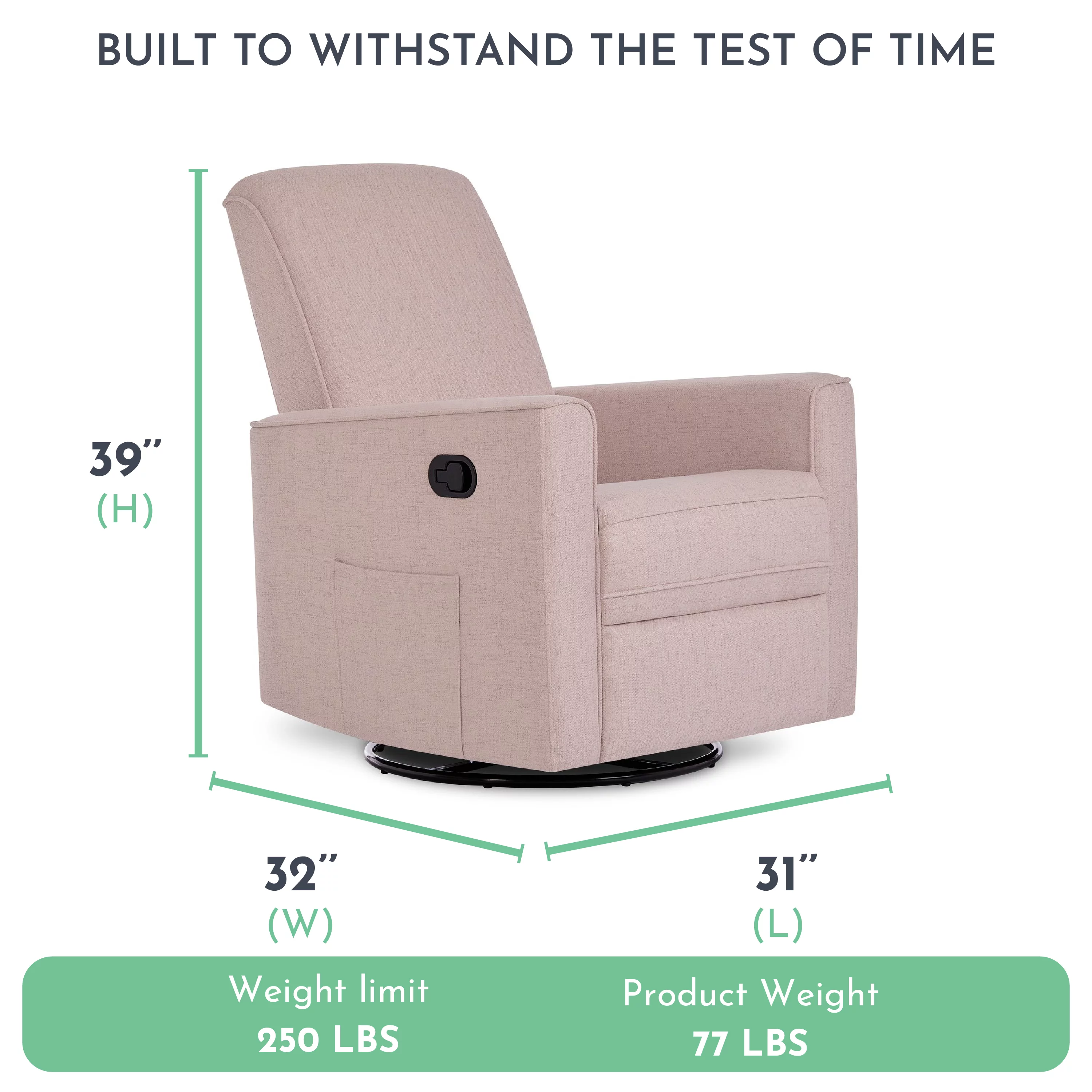 Evolur Raleigh Glider Recliner Rose with High Backrest Support, Durable Polyester Fabric