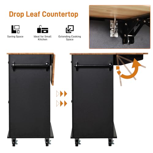 Kitchen Cart with Wood Top and Drop Leaf Breakfast Bar, Rolling Mobile Kitchen Island Table on Wheels with Drawer and Storage Cabinet, Spice Rack
