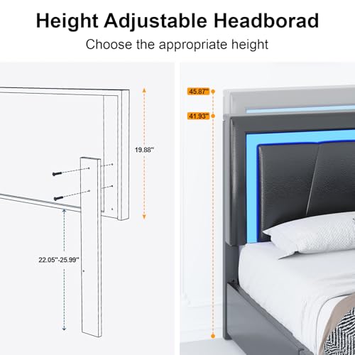 Full Size Bed Frame with 4 Storage Drawers and LED Lights, Upholstered Platform Bed with Adjustable Headboard and Charging Station
