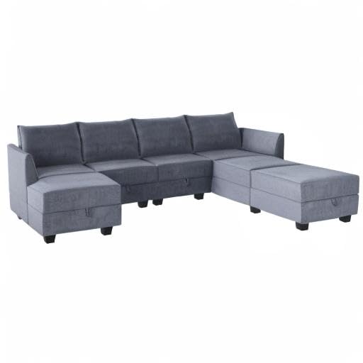 HONBAY Modular Sectional Sofa U Shaped Modular Couch Reversible Sofa Sectional Couch with Storage Seat, Bluish Grey