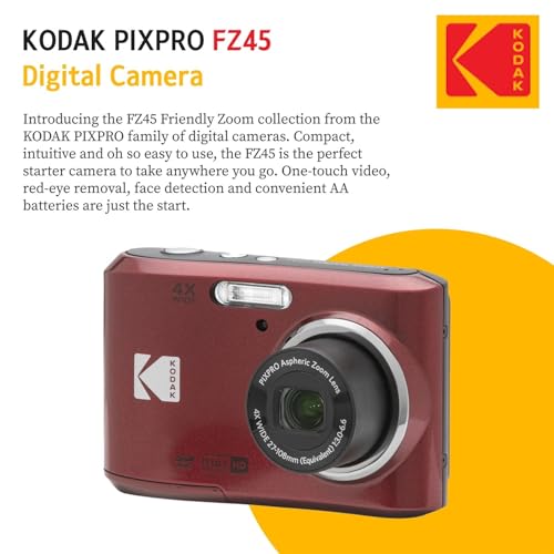 KODAK PIXPRO FZ45 16MP Digital Camera with 4X Optical Zoom 27mm Wide Angle and 2.7" LCD Screen Bundle with 32GB SD Memory Card, AA Batteries (4 Pack)
