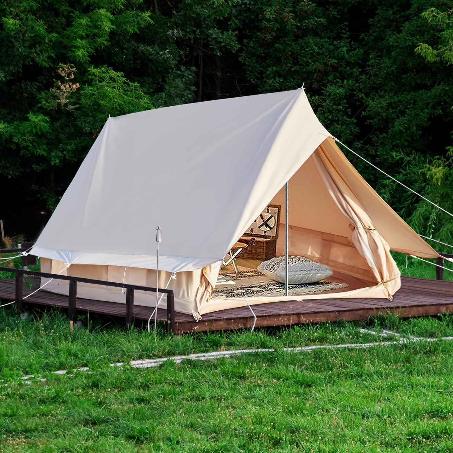 Double Door Canvas Glamping Tent Rainproof, Camping Bell Tent for 4 Person with Windows, Easy Set-Up All Season Tents