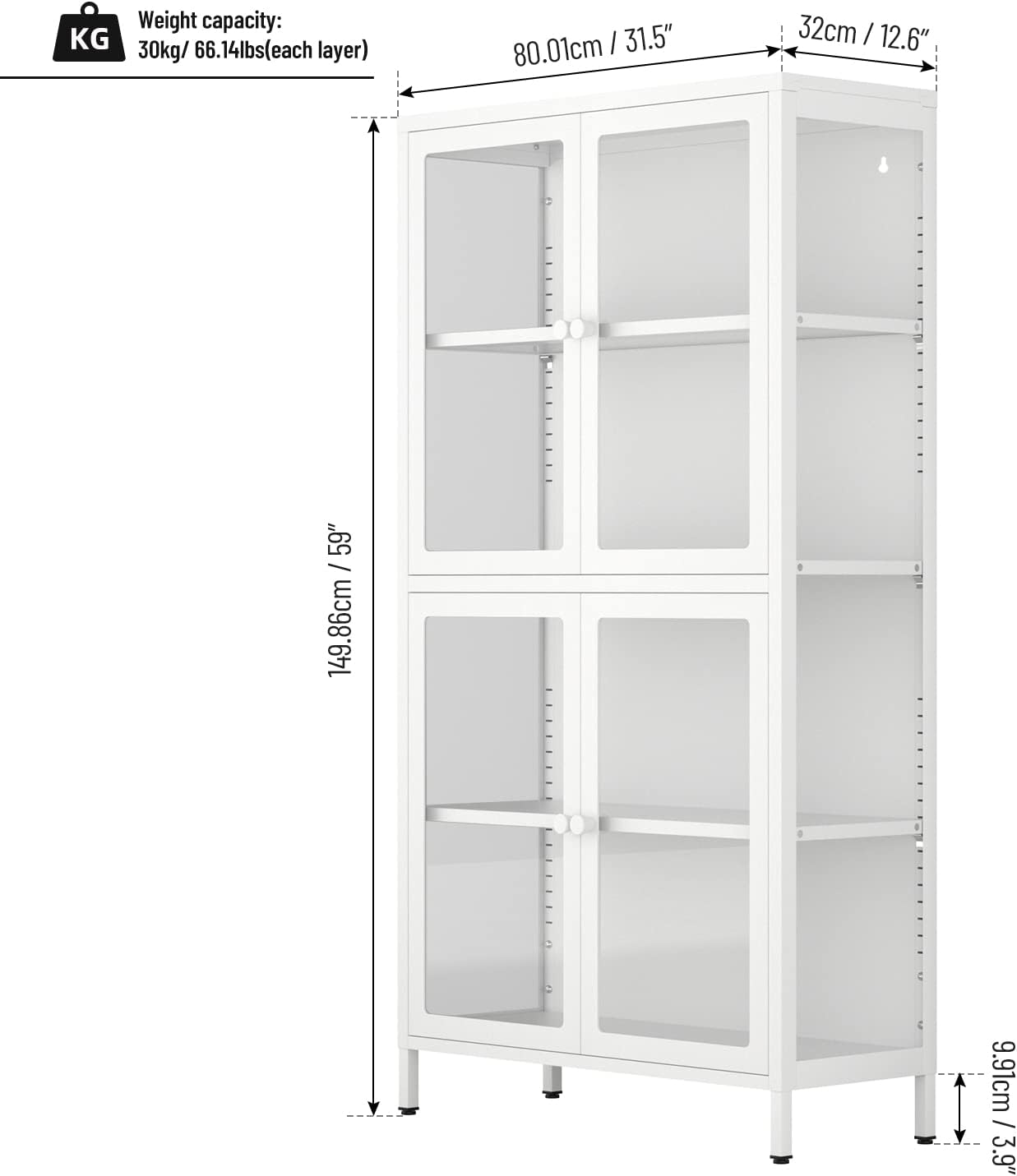 Tempered Glass Storage Cabinet,4-Door Glass Display Cupboard,Tall Corner Cabinet Sideboard Bookcase w/Adjustable Shelves,Steel Frame