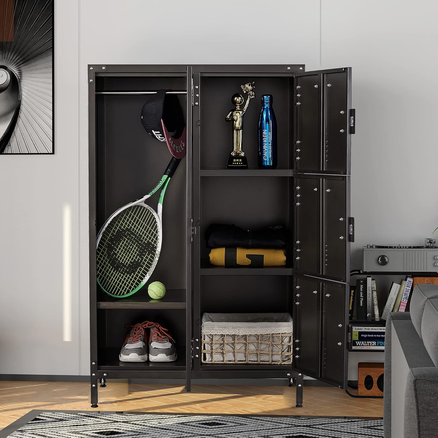 Metal Storage Cabinet, Storage Locker Employees Locker with 4 Doors, 55 Height Steel Cabinet with Lockable Doors