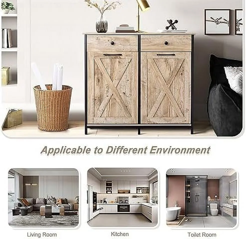 TJUNBOLIFE Double Barn Door Style Trash Cabinet  Double Tilt Out Trash Cabinet with Solid Hideaway Drawer Rustic Kitchen Trash Cabinet Free Standing