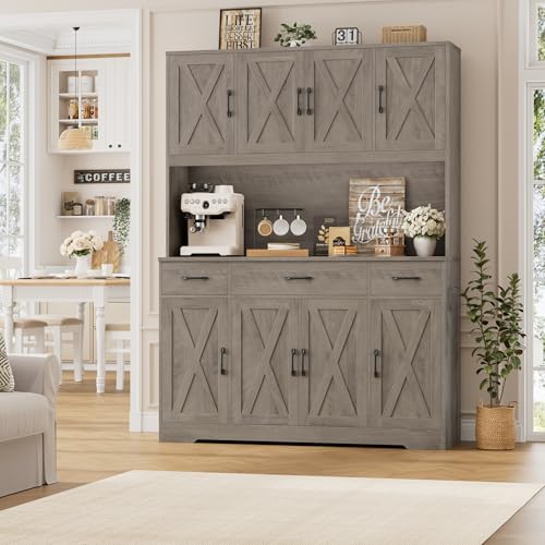 HOSTACK 71" Tall Kitchen Pantry Storage Cabinet with Charging Station, 55" Wide Kitchen Hutch Cabinet with Large Countertop