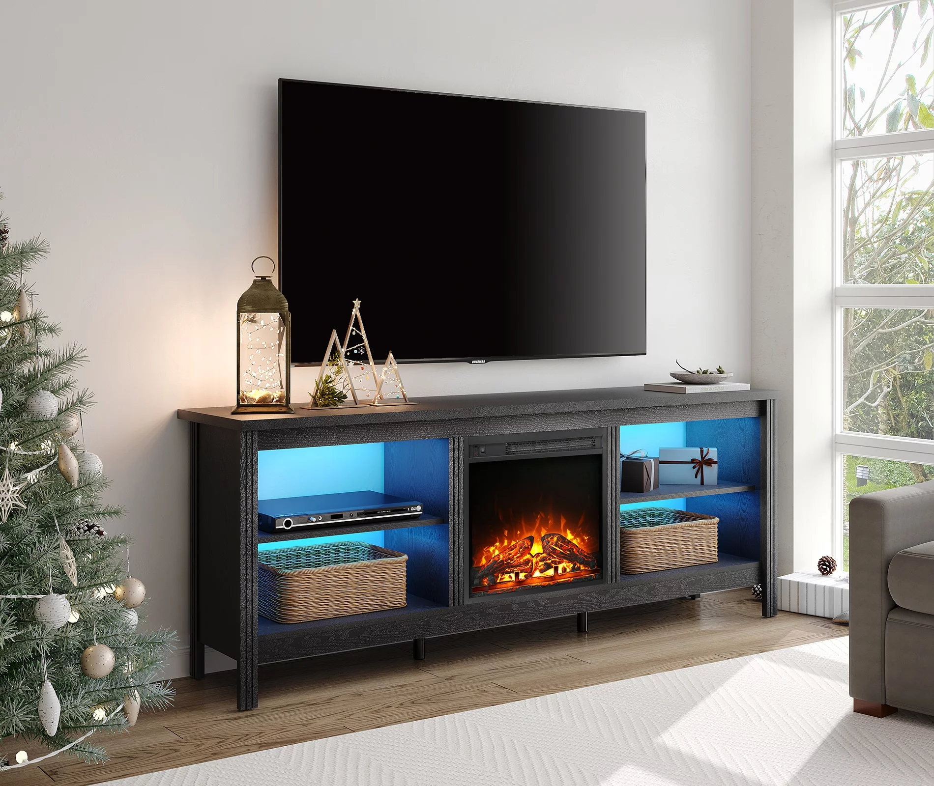 Fireplace TV Stand for TV's up to 75 Inch, LED Entertainment Center with Electric Fireplace, 70  inch, Black