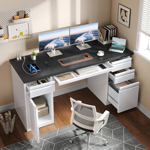 YITAHOME Office Desk with 5 Drawers, Executive Desk with Power Outlets, 57 Inch Computer Desk with File Cabinet, Keyboard Tray