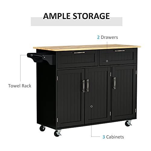 HOMCOM Mobile Kitchen Island with Storage, Kitchen Cart with Wood Top, Storage Drawers, 3-Door Cabinets, Adjustable Shelves and Towel Rack, White