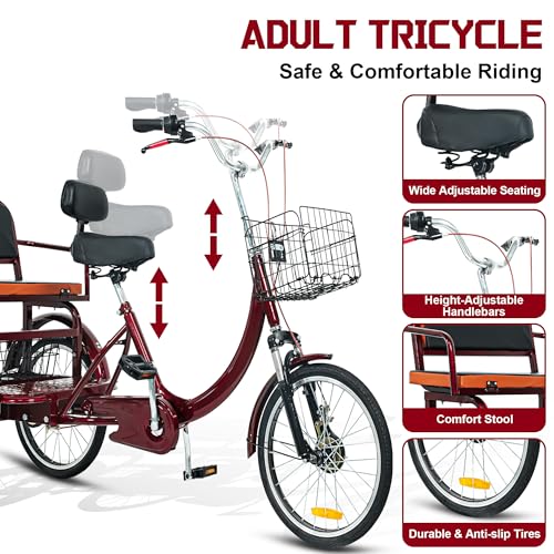 MOOITZ Adult Tricycle, 20 Inch 3-Wheel Bikes, Trike for Adults with Seat, Low Step-Through Cruiser Bike with Front and Rear Baskets