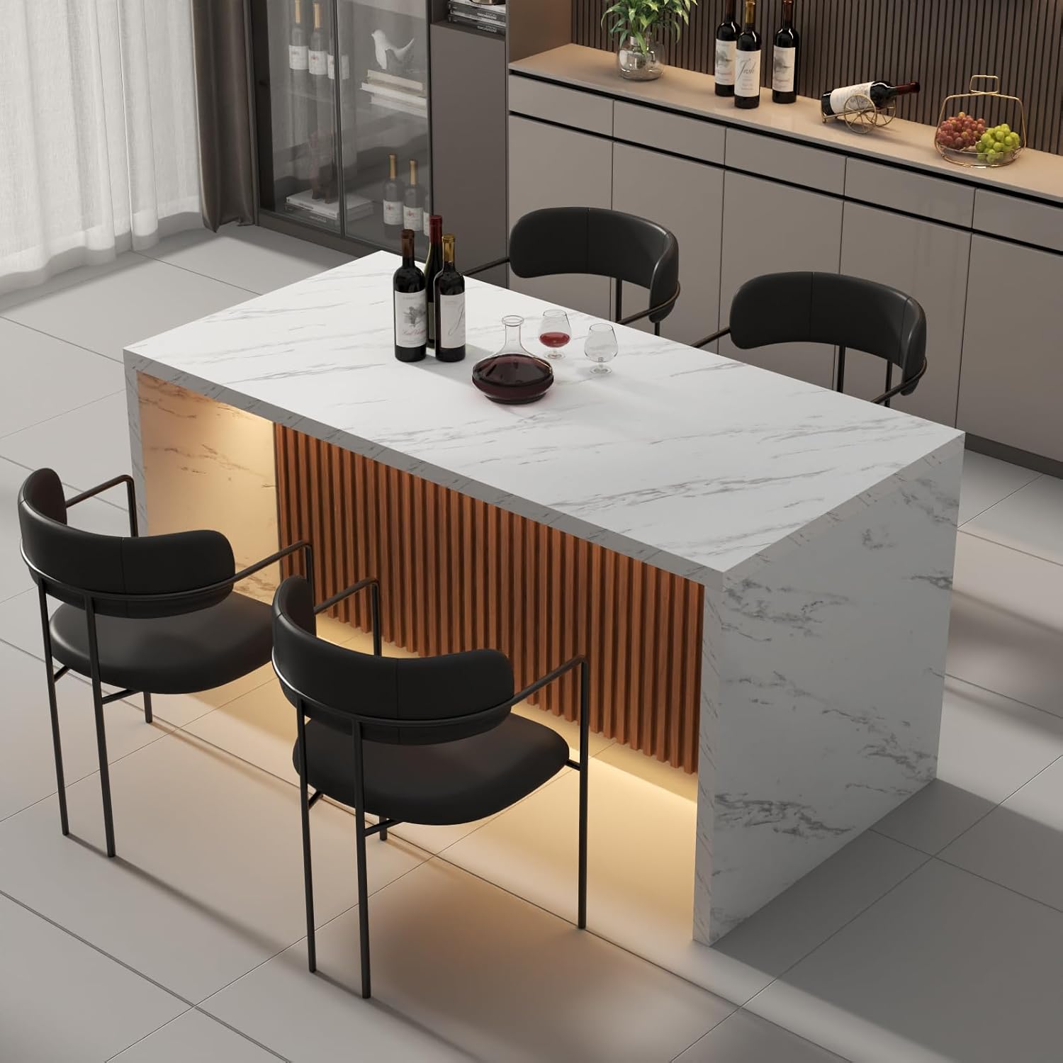 63" Large Imitation Marble Dining Table for 4-6 People, Island Table with LED Lights