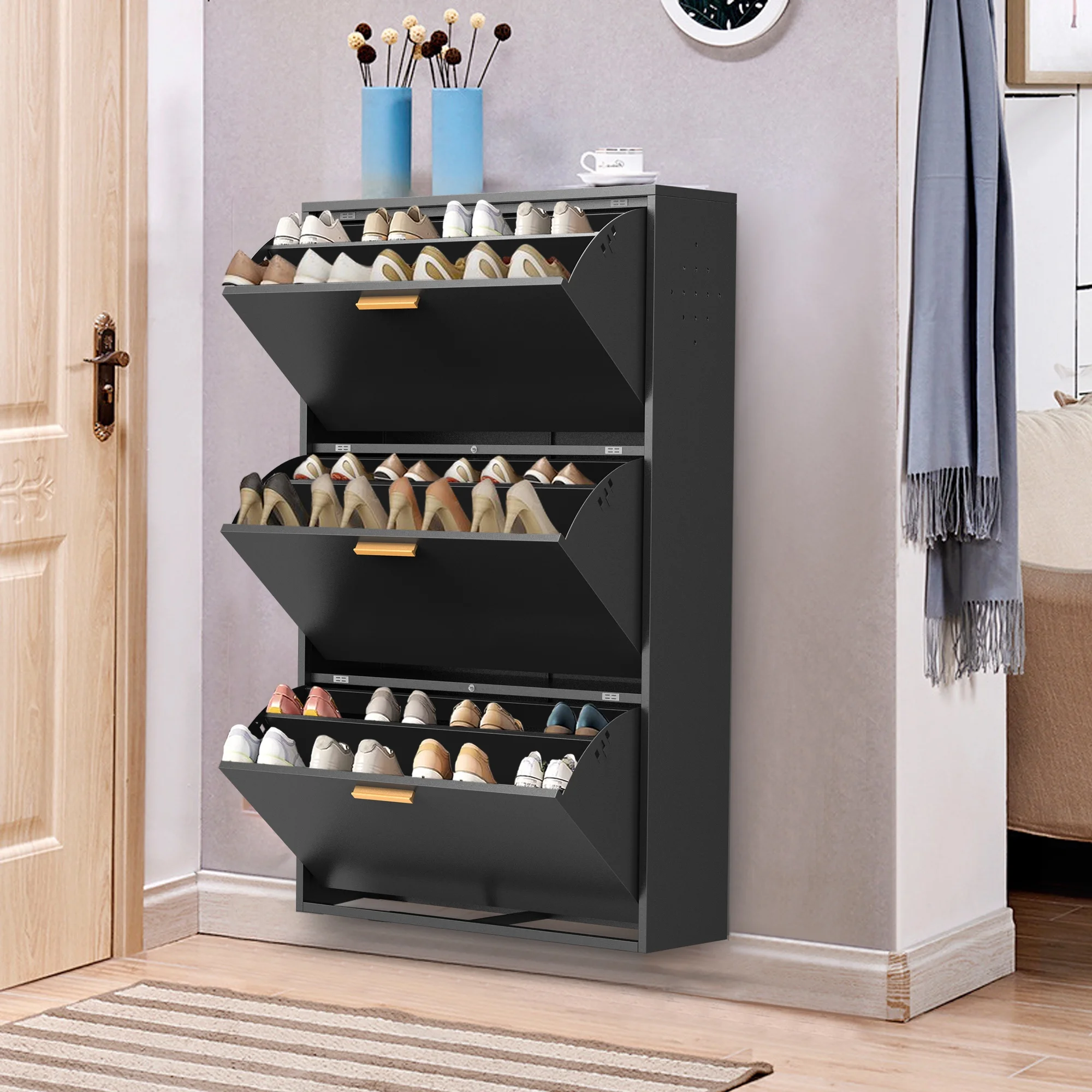 Royard Oaktree Shoe Cabinet Freestanding Metal Shoe Storage Cabinet with 3 Flip Drawers Modern Narrow Shoes Organizer Large Shoe Rack for Entryway