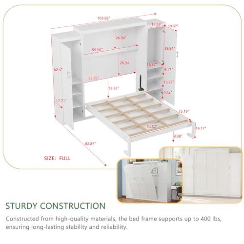 Polib Full Size Murphy Bed with Two Wardrobes and Storage Shelf, Space-Saving Wall Cabinet Bed with Foldable Platform Bedframe for Small Bedrooms