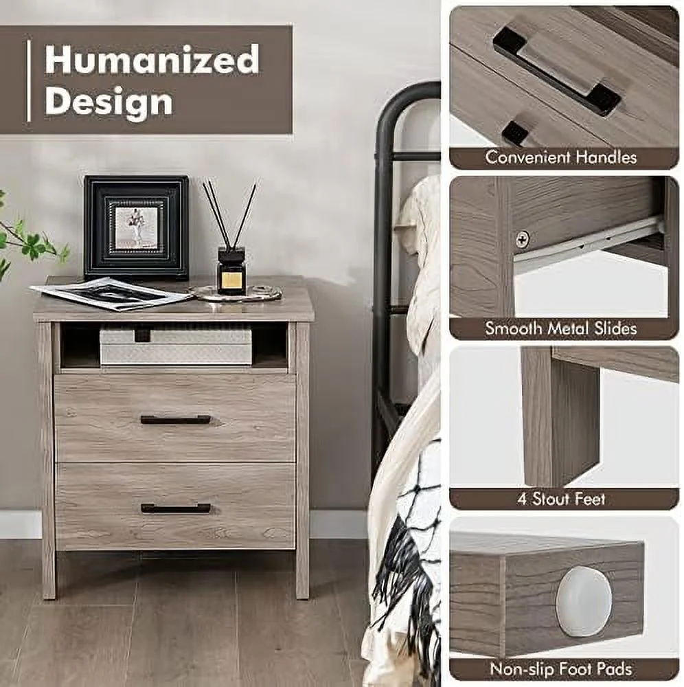 RUNFAYBIU Nightstand with 2 Drawers   Wooden End Side Tables with Open   and Cable Hole  Multifunctional 2-Drawer Night Stand  Farmhouse Bedside