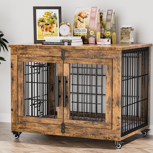Lulive Dog Crate Furniture for Medium Dogs, 32'' Dog Kennel Indoor with Cushion & Wheels Wooden Dog Cage Double Doors Dog Crate End Table, Grey