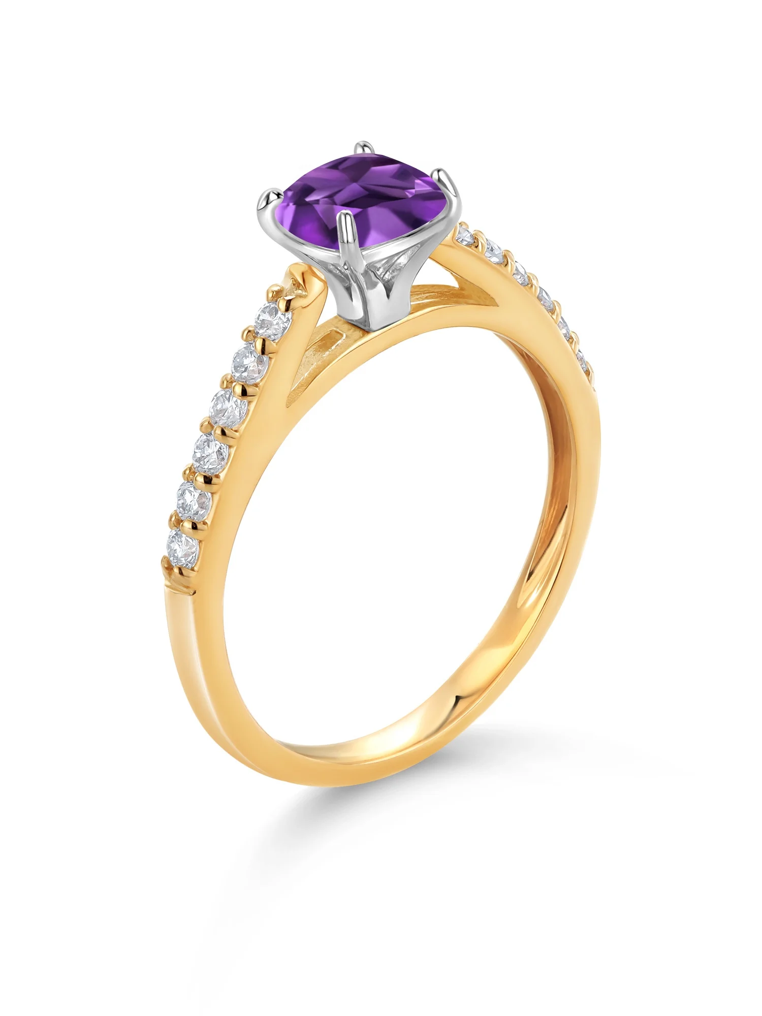 Gem Stone King 10K White Gold 5MM Cushion Cut Purple Amethyst and White Lab Grown Diamond Engagement Ring For Women (0.72 Cttw
