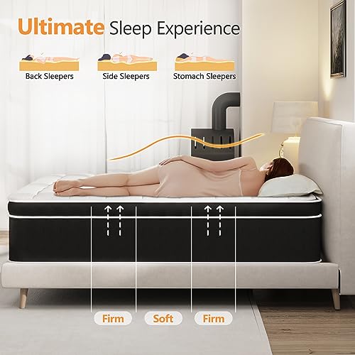 Firm King Size Mattress, 12 Inch Hybrid King Bed Mattress with Gel Memory Foam and Pocket Springs, Comfort Bed in a Box