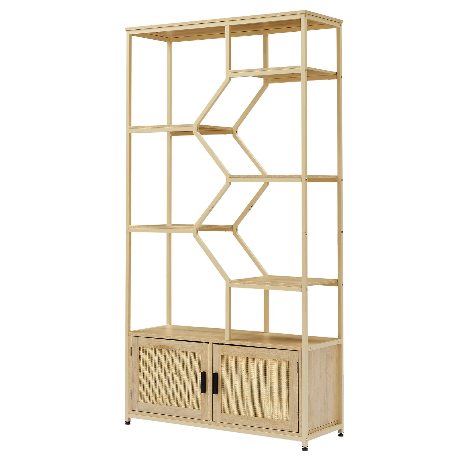 YISUYA Rattan Bookshelf 7 Tiers Bookcases Storage Rack, Rattan Bookshelf with Storage Cabinet, 7 Tiers Bookcases Storage Shelf with Doors