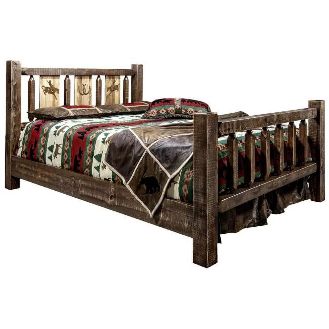 Homestead Collection California King Size Bed with Laser Engraved Bronc Design, Stain & Clear Lacquer Finish