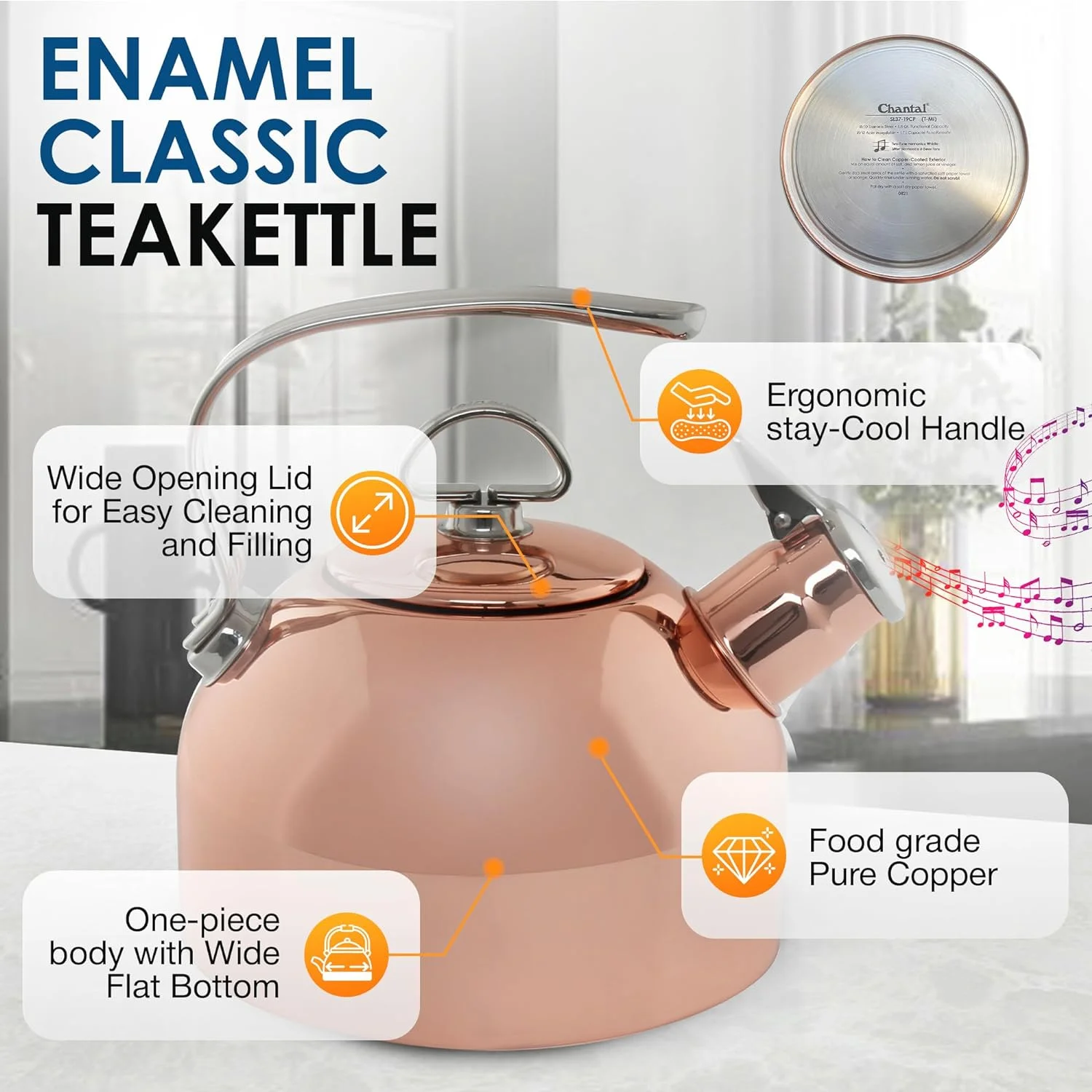 Classic Teakettle, 1.8 QT, Food Grade Pure Copper, 2-Tone Harmonica Whistle, Rapid Boil And Even Heating (Copper)