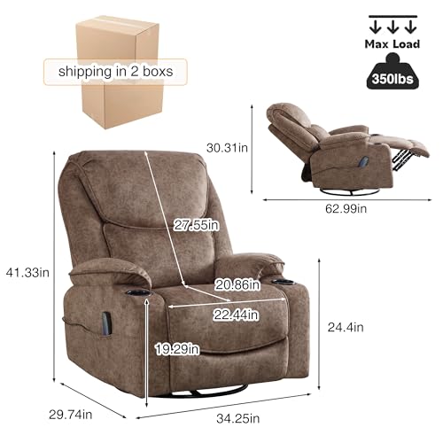 Swivel Rocker Recliner Chair, Power Reclining Chair Breathable Leather Recliner for Adults with Cup Holders and USB Port