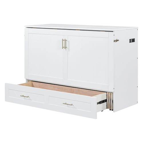 Harper & Bright Designs Queen Size Murphy Wall Bed, Chest Cube Cabinet With USB, Charging Station and Large Storage Drawer for Home Office