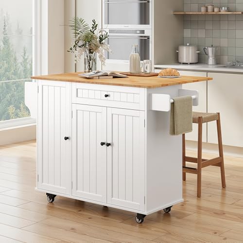 Ahomly Kitchen Island with Storage, Island Table for Kitchen with Drop Leaf, 5 Wheels, Interal Storage Rack, a Drawer, Spicy Rack and Towel Bar