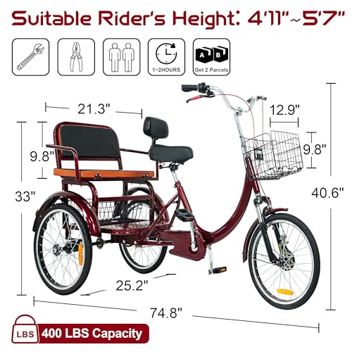 MOOITZ Adult Tricycle, 20 Inch 3-Wheel Bikes, Trike for Adults with Seat, Low Step-Through Cruiser Bike with Front and Rear Baskets