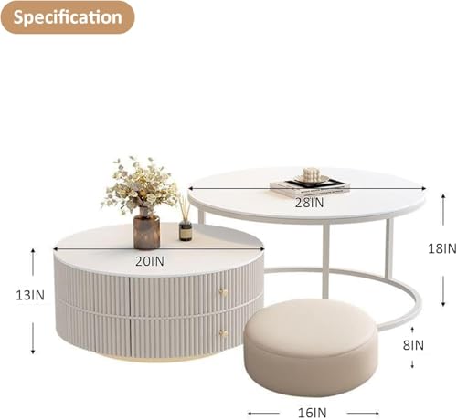28IN Modern Coffee Tables - Wave Panel & Metal Frame | Nesting Round Coffee Table Set of 2, Dining Table for Home Living Room, Office (Glass)