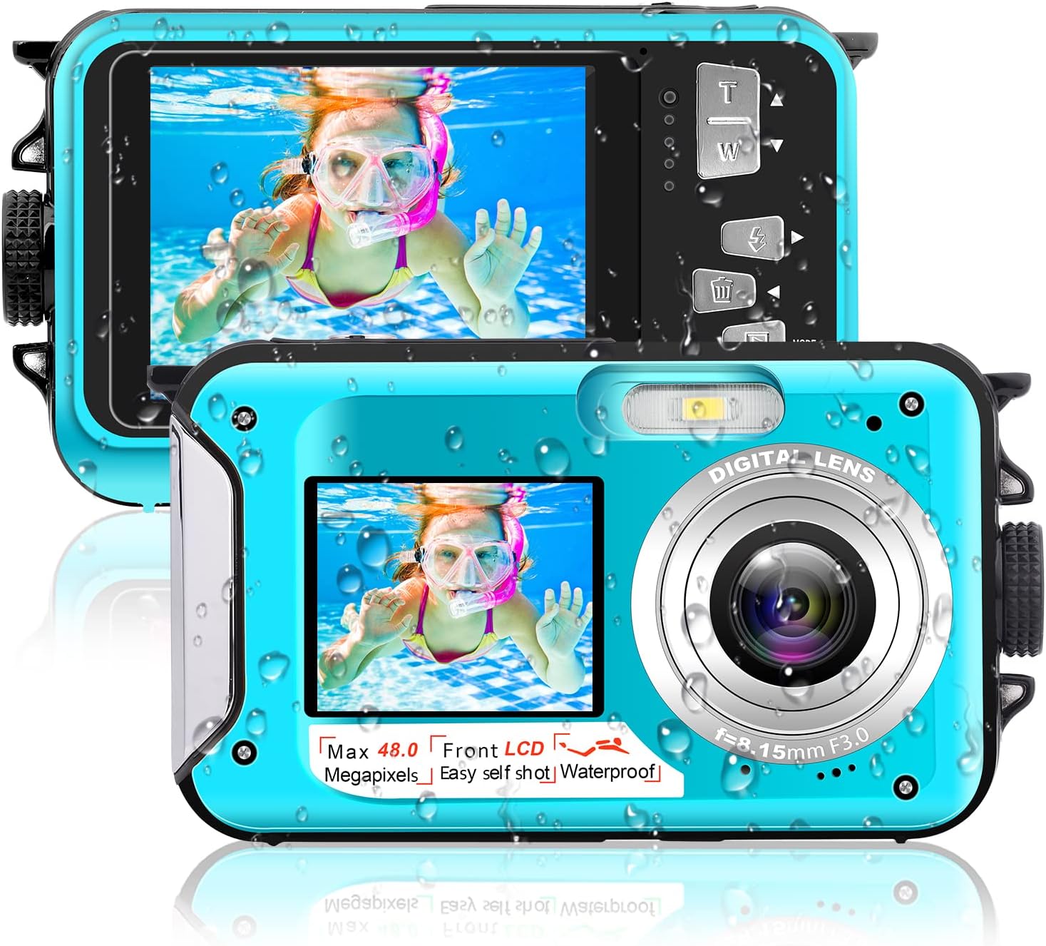 Waterproof Camera 48MP Image 10FT Underwater Camera 2.7K Video Waterproof Digital Camera Underwater Video Camera for Snorkeling,Vacation（Blue）