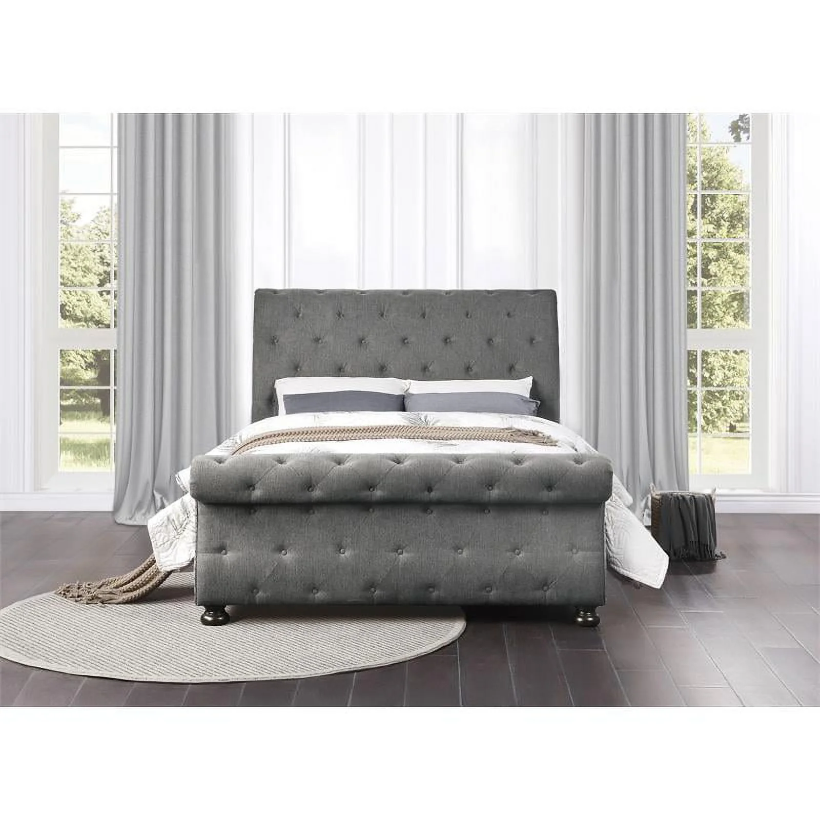 Lexicon Crofton Classic Wood Tufted Sleigh Bed, Queen, Dark Gray