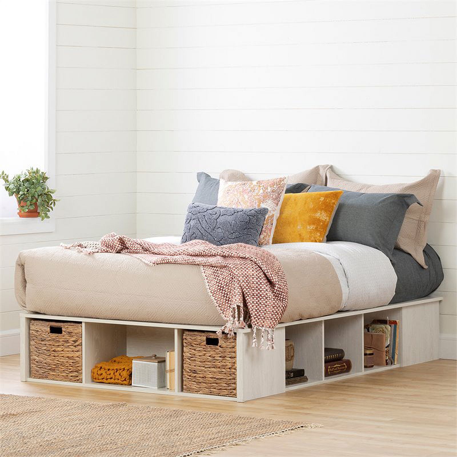 Bowery Hill Modern Wood/Rattan Full Storage Platform Bed in Winter Oak