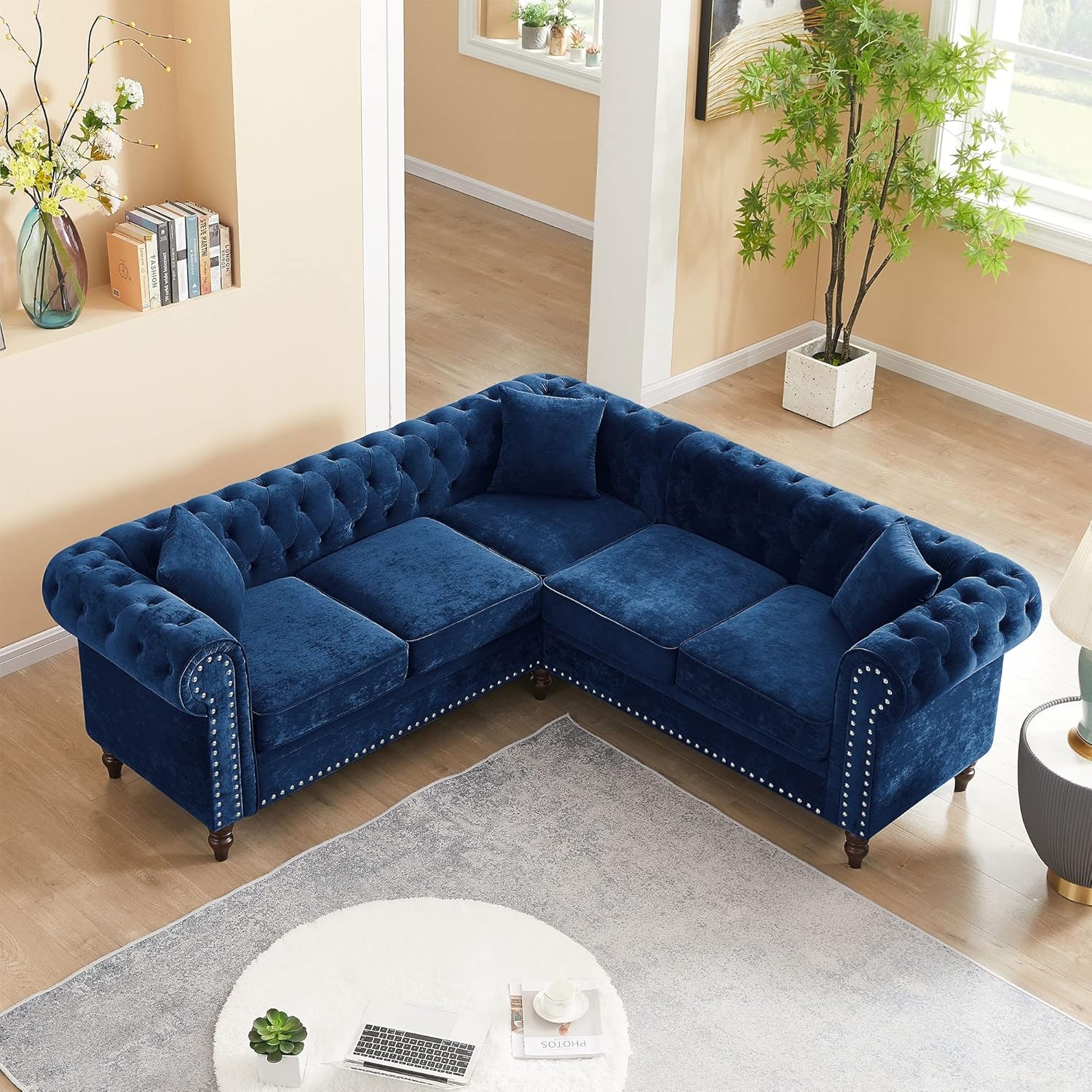Blue Velvet Sectional Sofa L-Shape Button Tufted Corner Nailhead Rolled Arms Lounge Couch W/Pillows for Living Room Abstract Classic Modern