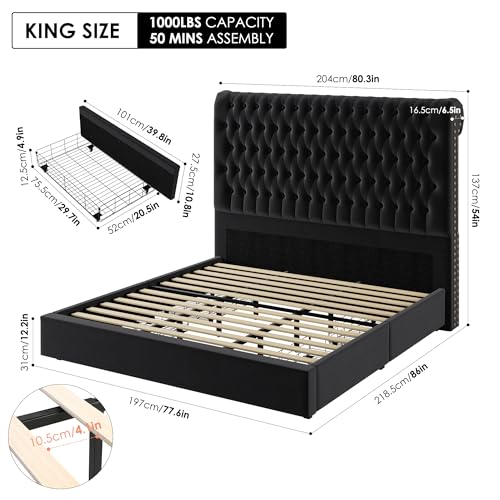 King Size Bed Frame 54" Tall Headboard with Gorgeous Button Tufted and Nail, Velvet Fabric Upholstered Bed Frame includes 4 Under-bed Storage Drawers