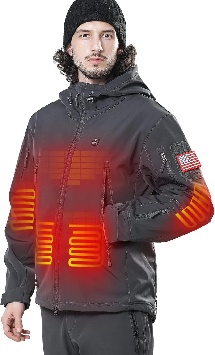 DEWBU Heated Jacket for Men with 12V Battery Pack Winter Outdoor Soft Shell Electric Heating Coat, Men's Grey, L