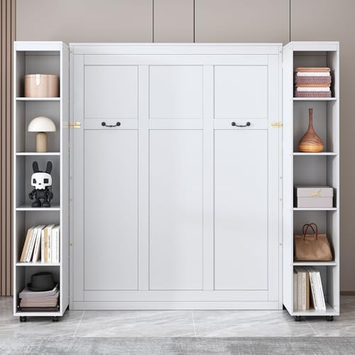 Queen Size Murphy Bed with Sofa, Shelves, USB & Light, Can be Folded Wall Bed and Tall Cabinet with Glass Doors& Wine Rack