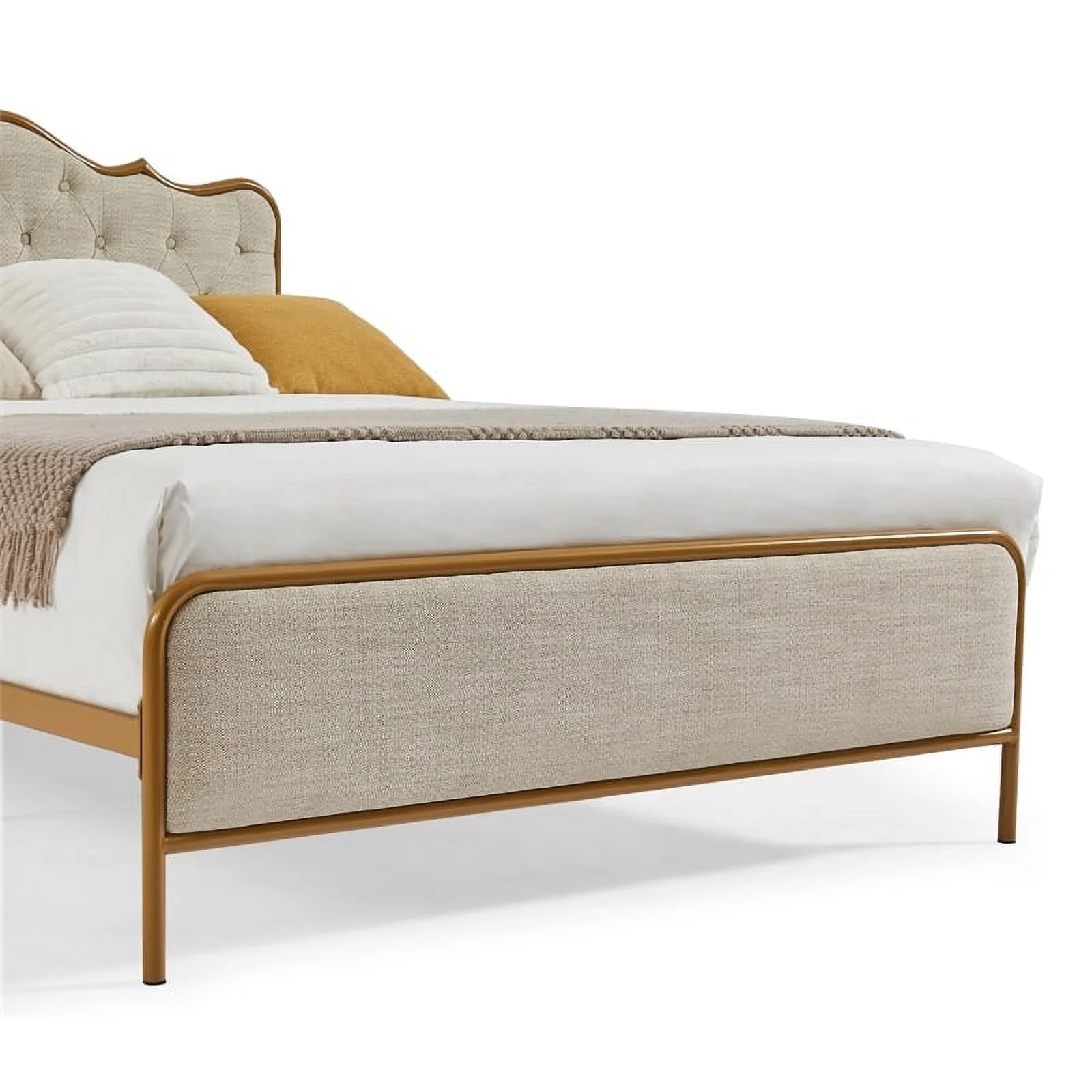 light Camel queen size bed with metal frame solid wood ribs and foam upholstery