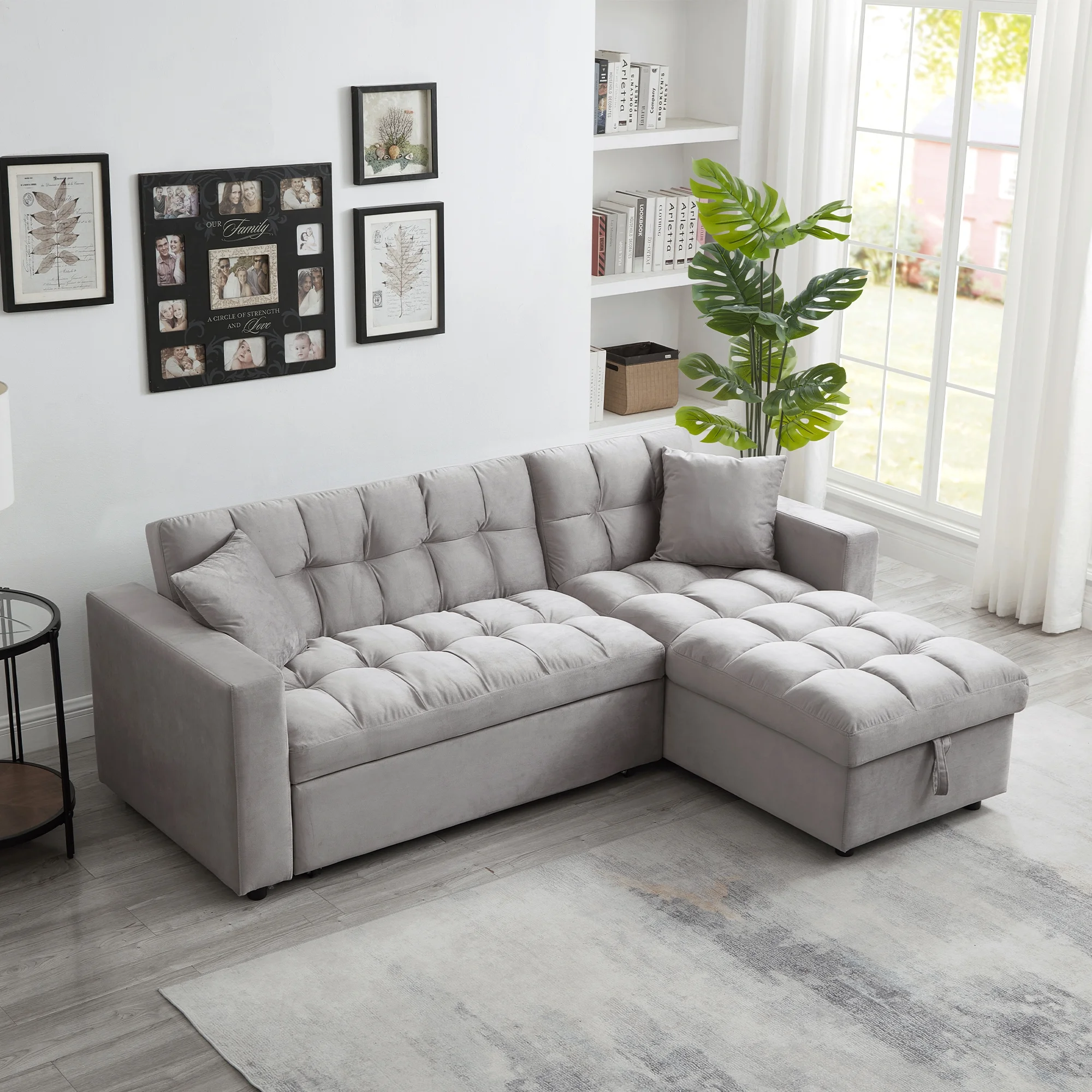 Muumblus 84 Convertible Sleeper Sofa Bed with Storage Chaise, L-Shaped Sectional Sofa, Queen Size Pull Out Sofa Bed in Gray Velvet