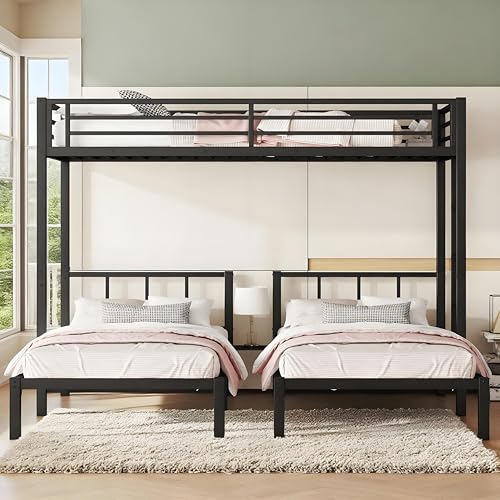 Twin Triple Bunk Bed, Heavy Duty Metal Bunk Bed with Guardrails, Ladder, Detachable Into 3 Twin Beds for Kids, Teens and Adults, Space-Saving Design