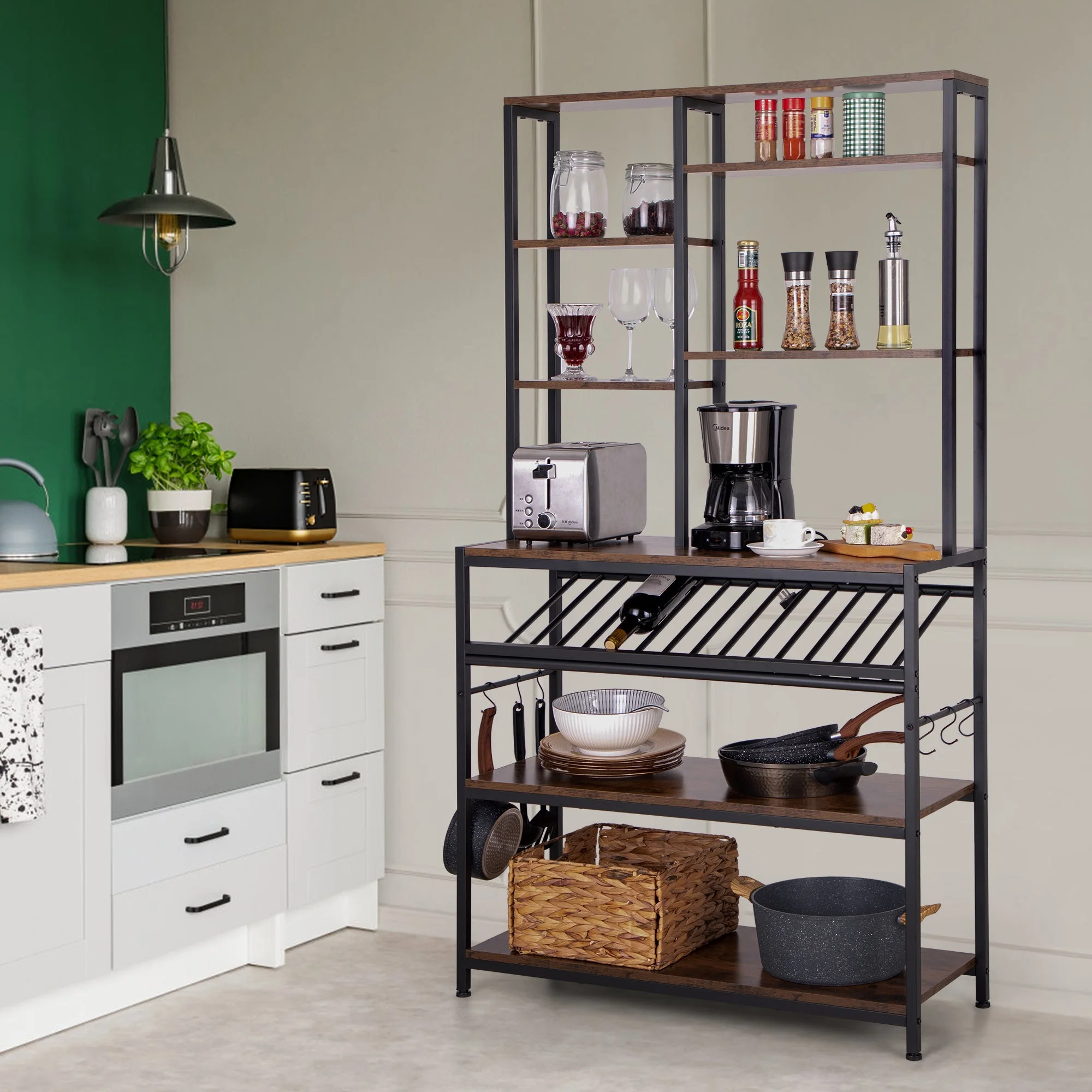 Summit Living 6 Tier Kitchen Bakers Rack with Wine Rack, Wood Storage Shelf for Dining Room, Brown - Curated Treasures Market