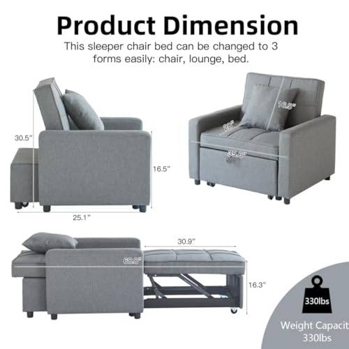 Sofa Bed Chair Convertible ，Sleeper Sofa with Pull-Out Bed ，3-in-1 Futon Couch with Reclining Backrest and Side Pocket (Blue, 35.6‘)