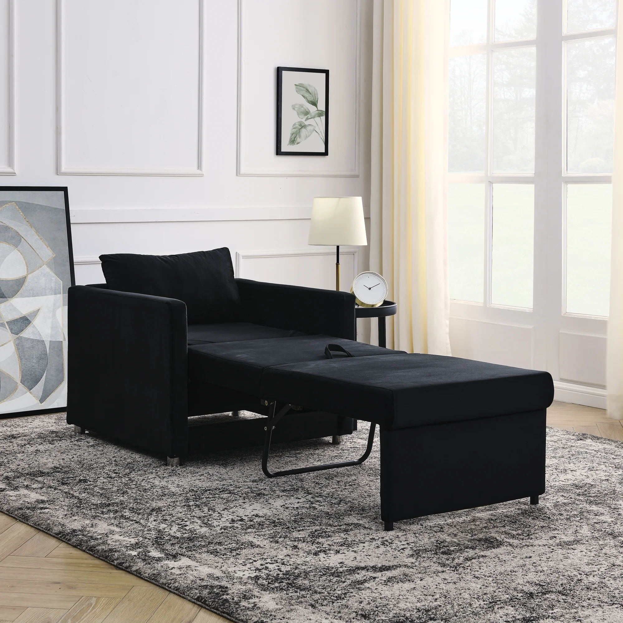 Sofa Bed Chair 2-in-1 Convertible Chair Bed. Lounger Sleeper Chair for Small Space with One Pillow. Black Velvet