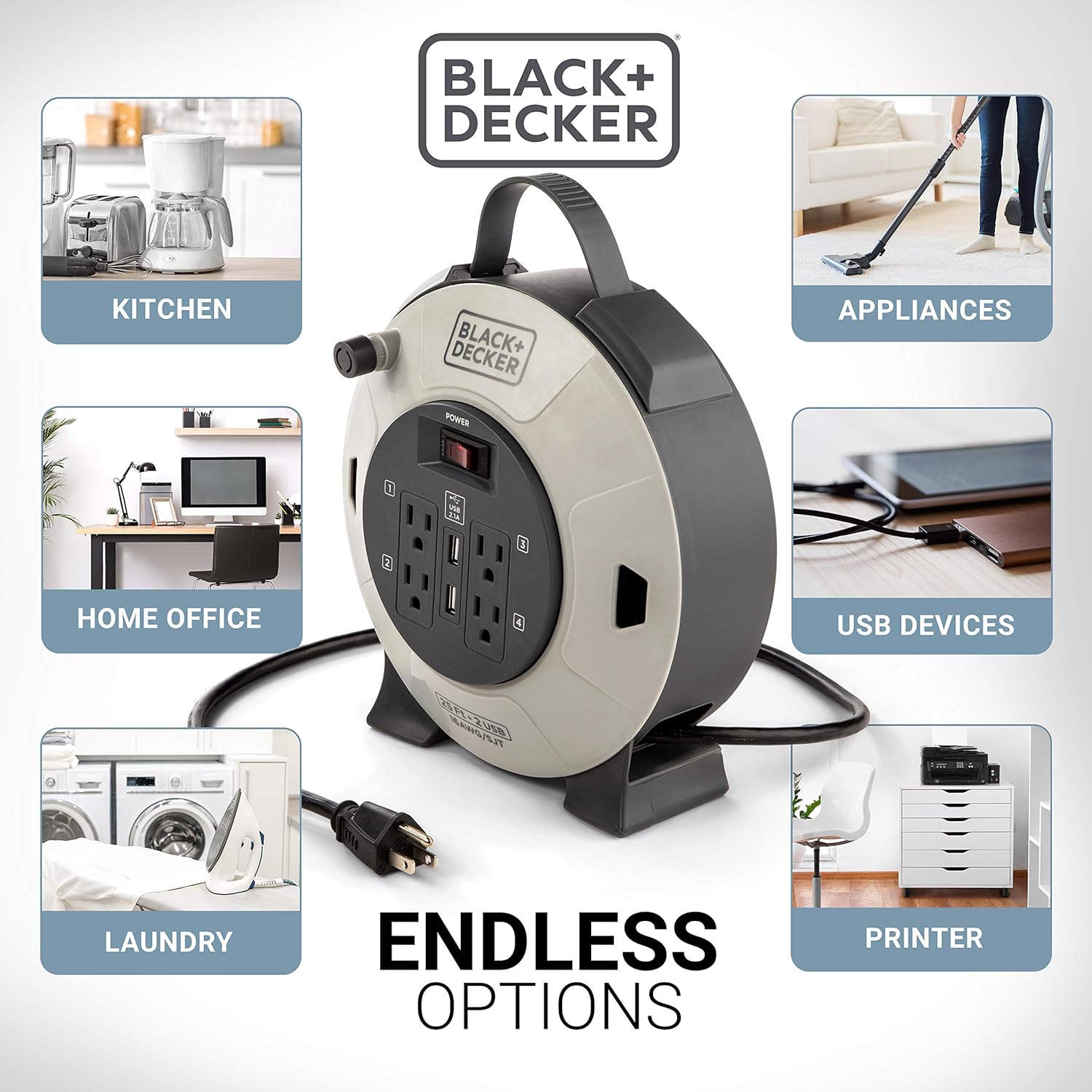 BLACK+DECKER Retractable Extension Cord, 25 ft, 4 Outlets, 2 USB Ports (2.1A), 16AWG SJT Cable - Compact Power Cord Reel with Multi-Plug Extension