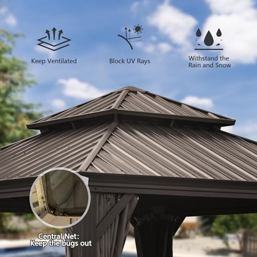 Domi 10’ x 10’ Hardtop Gazebo Metal Frame Canopy with Netting & Curtains