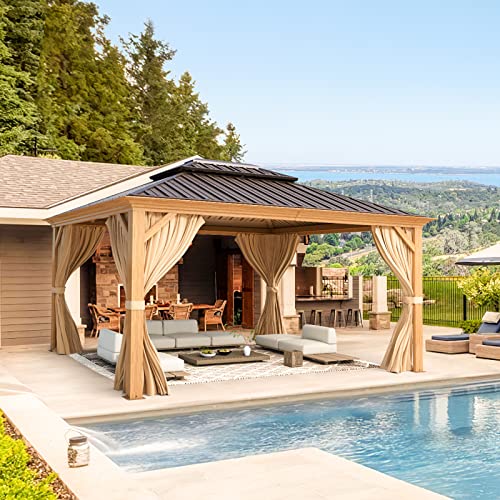 YOLENY 10' x 12' Hardtop Gazebo, Wood-Looking Gazebo with Galvanized Steel Double Roof, Aluminum Frame
