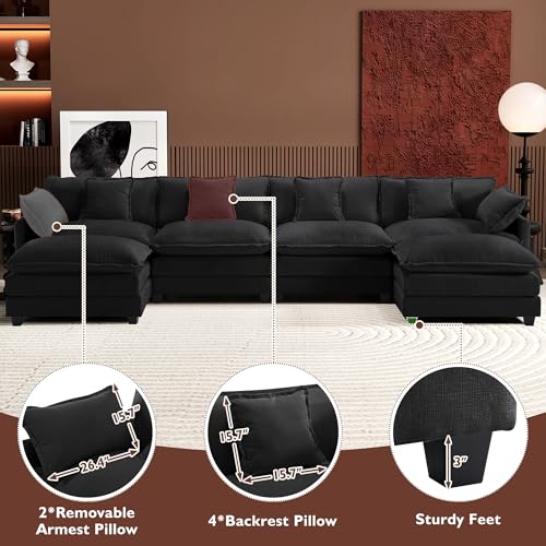 Ihanherry 111.4" U Shaped Modern Cloud Sofa Modular Sectional Couch with 2 Ottoman, 5-Seat Chenille Deep Seat Sofa with Pillow for Living Room